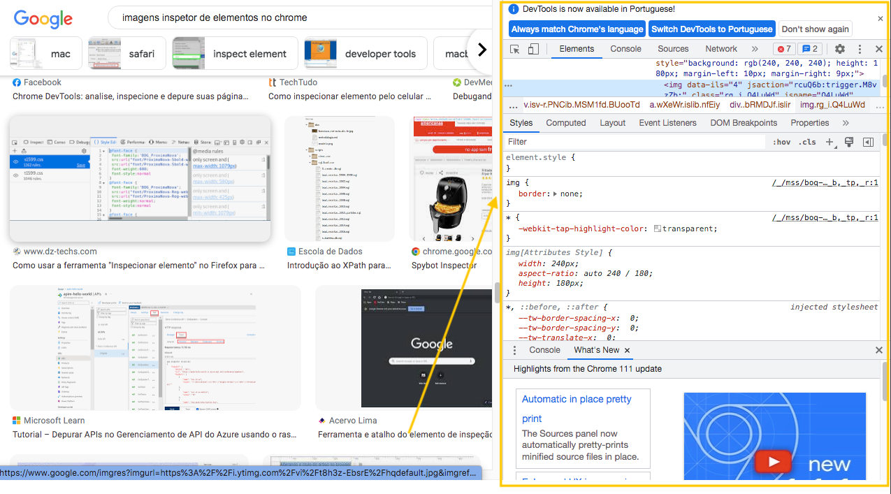 interface gráfica do usuário, com acaixa do inspector de elementos aberta